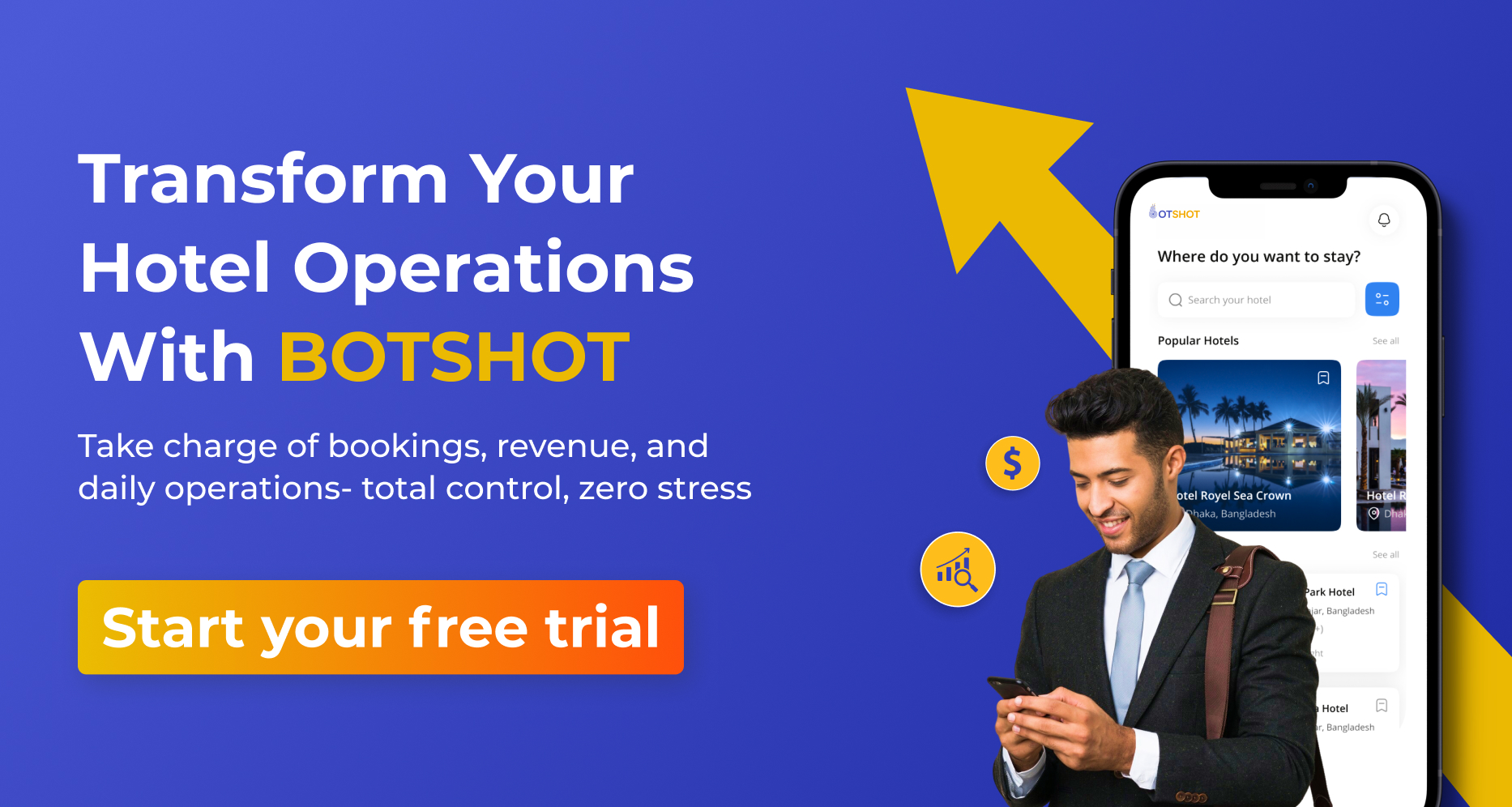 CTA banner encouraging hotels to start a free trial of BOTSHOT
